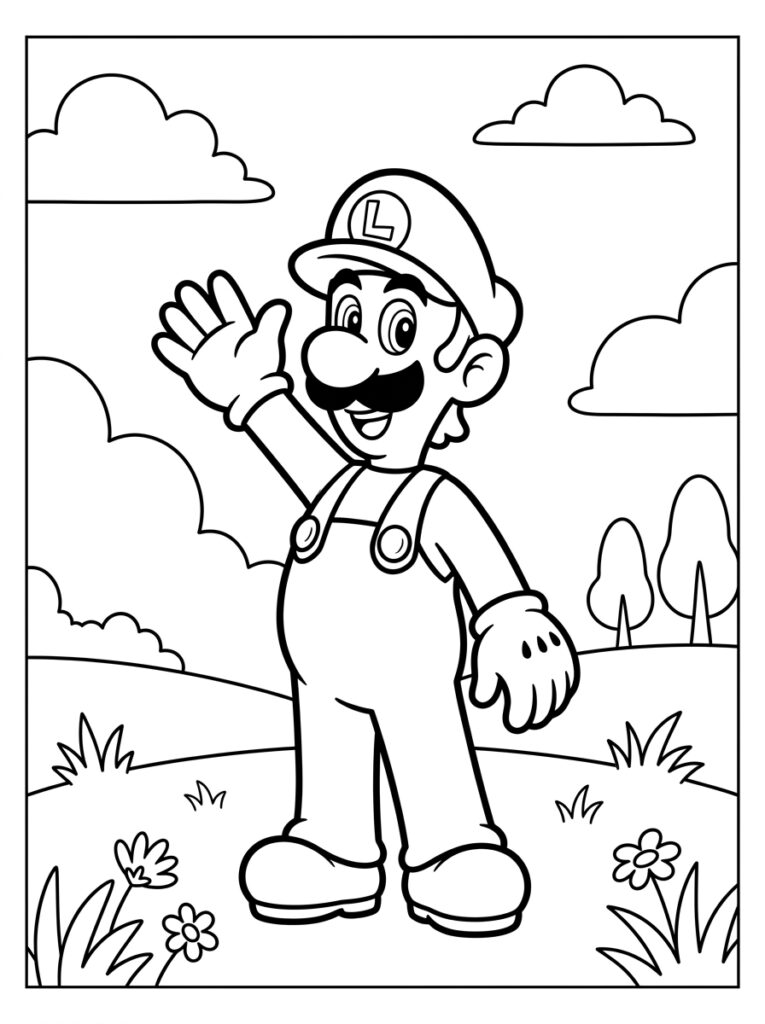 Luigi zwaait in een bloemenveld met bomen