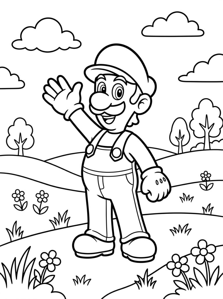 Luigi zwaait op een heuvel met bloemen