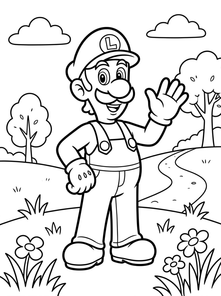 Luigi zwaait met hand op pad met bloemen en bomen