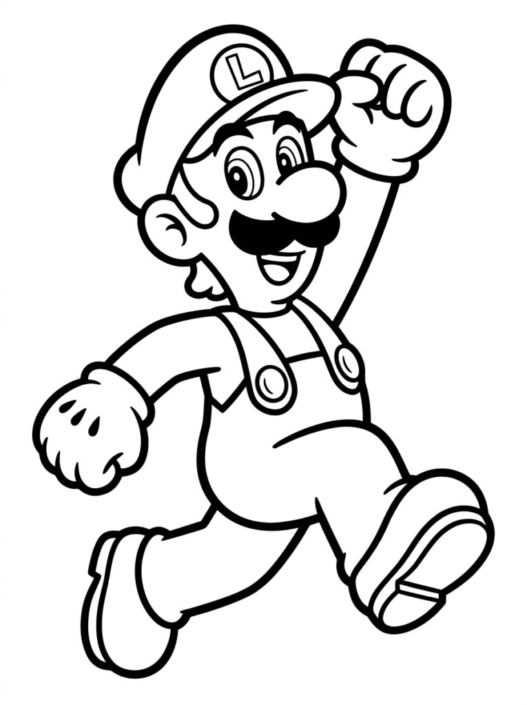 Luigi rent met gebalde vuist en lachend gezicht