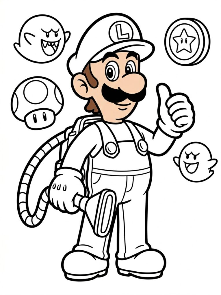 Luigi met duim omhoog en stofzuiger