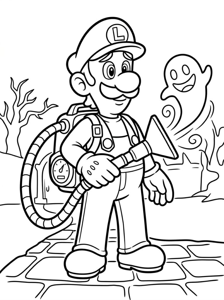 Luigi met stofzuiger naast spook