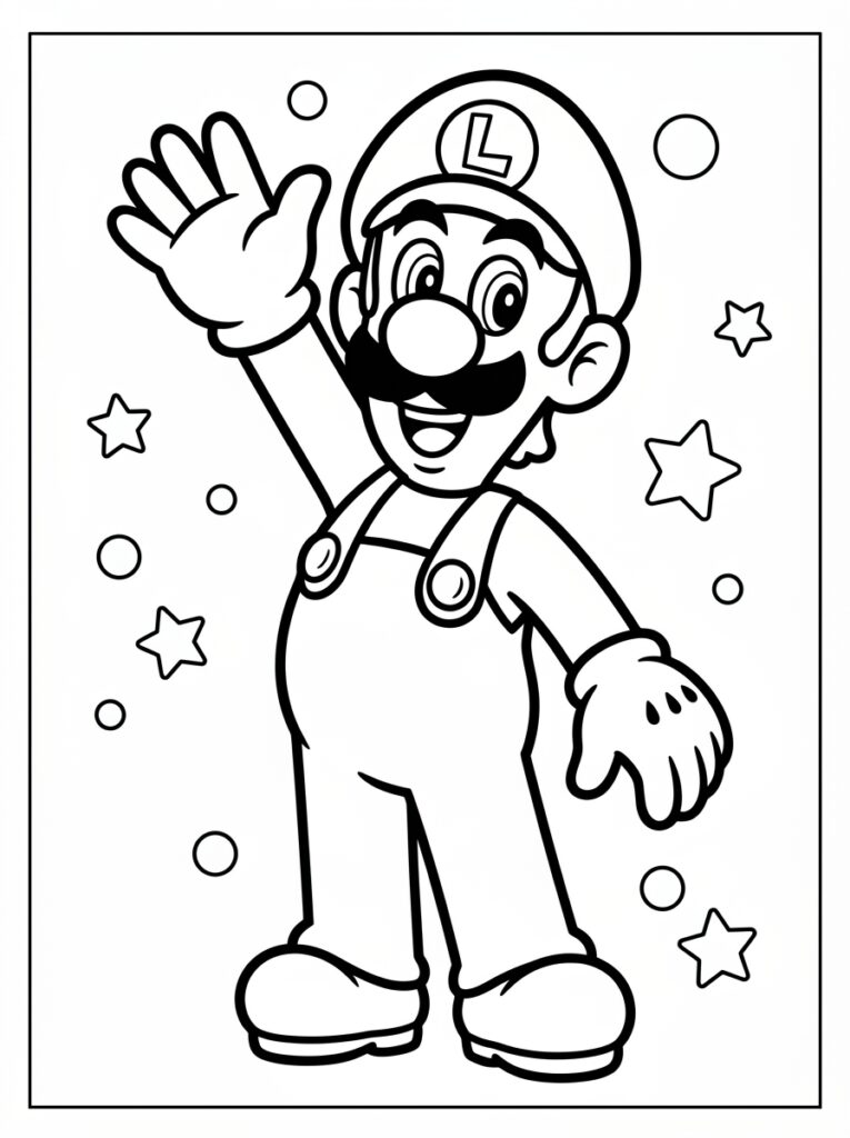 Luigi met hand omhoog tussen sterren