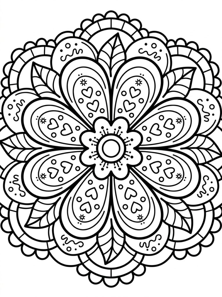 Kleurplaat van een mandala met centrale bloem, hartpatronen in de blaadjes, bladeren en golvende buitenrand