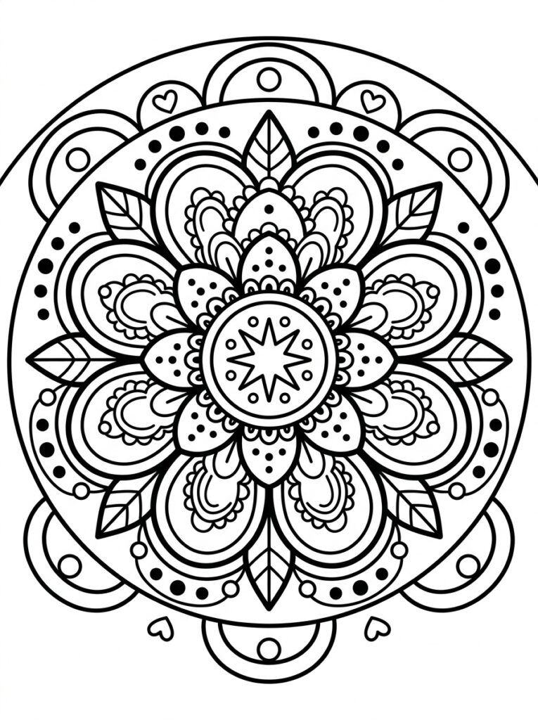 Kleurplaat van een mandala met achtpuntige ster in het centrum, bloemlagen, hartjes, bladeren en stippen