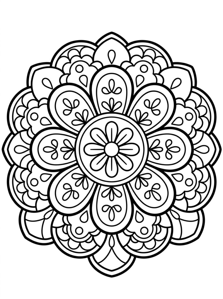 Kleurplaat van een mandala met centrale bloem, paisley vormen, kleine bloemen en ronde buitenrand