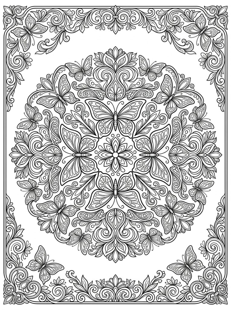 Kleurplaat van een mandala met vlinders, bloemen, krullen en een rechthoekige decoratieve lijst met vlinders