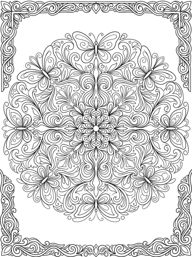 Kleurplaat van een mandala met vlinders, bloemen en krullen binnen een ornamentele rechthoekige lijst