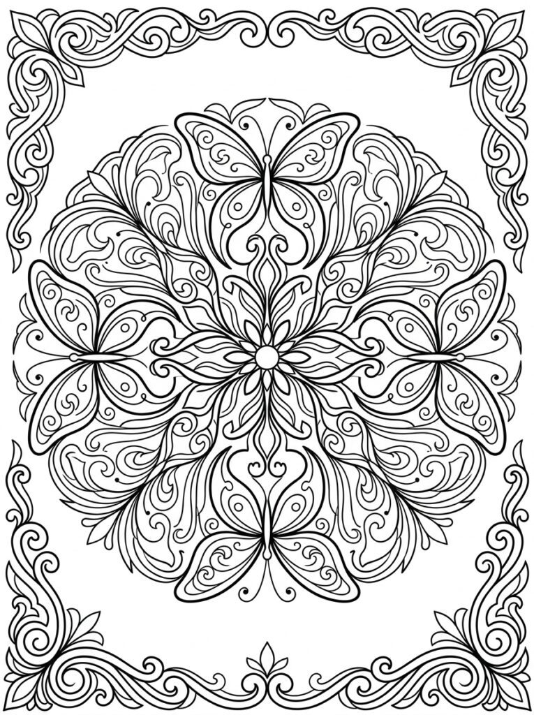 Kleurplaat van een mandala met vier vlinders, bloemmotief in het centrum en sierlijke krullen in een lijst