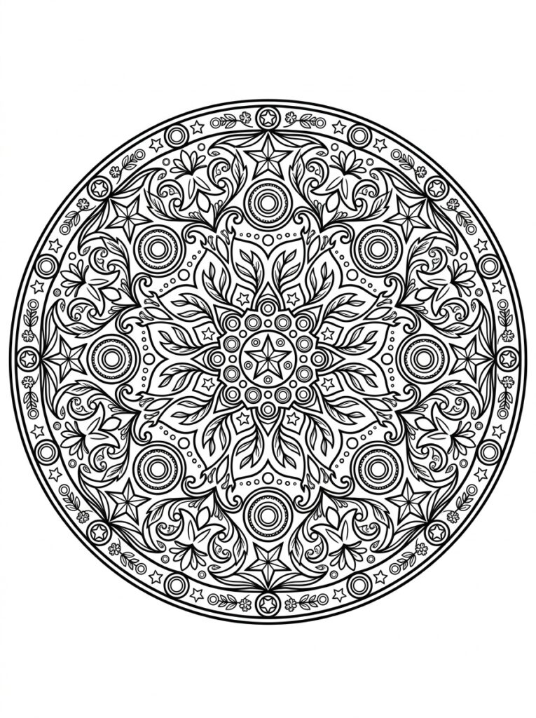 Kleurplaat van een ronde mandala met sterren, bloemen, bladeren, cirkels en decoratieve rand
