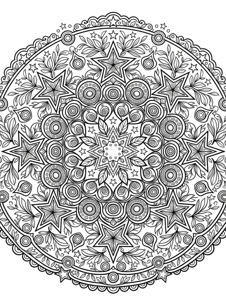 Kleurplaat van een mandala met grote sterren, kleine sterren, bladeren, cirkels en golvende buitenrand