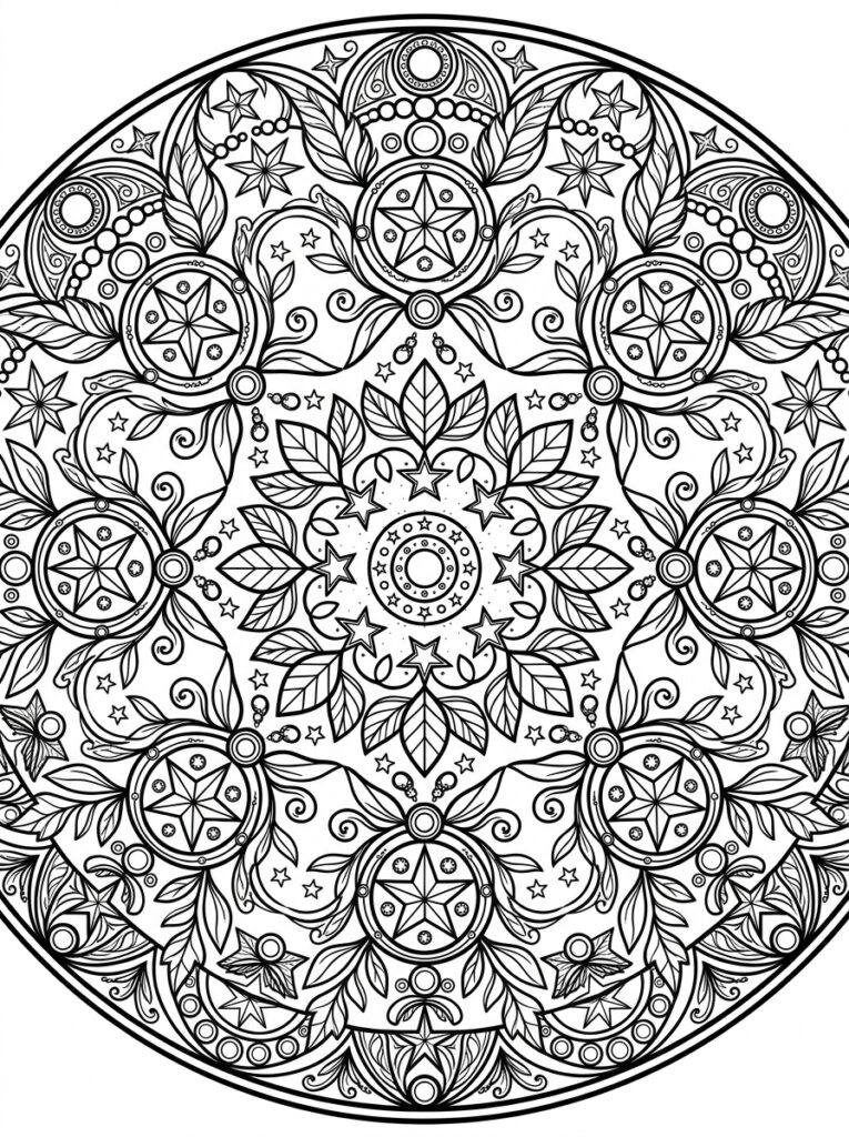 Kleurplaat van een mandala met sterren, bladeren, cirkels, parels en florale patronen