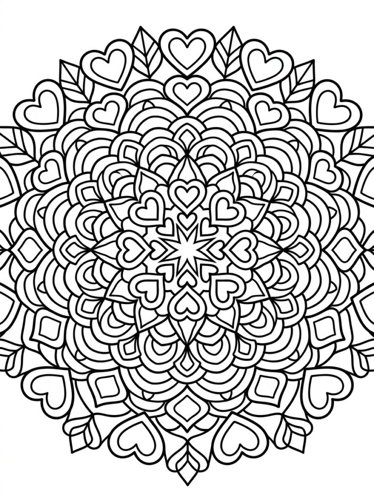 Kleurplaat van een mandala met lagen van hartjes, bladeren, geometrische vormen en centrale ster