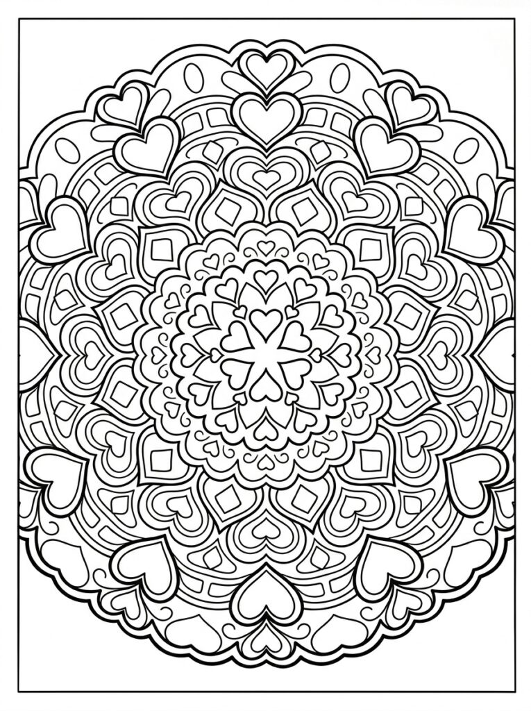 Kleurplaat van een mandala met hartjes in meerdere lagen, vierkante vormen en decoratieve rand