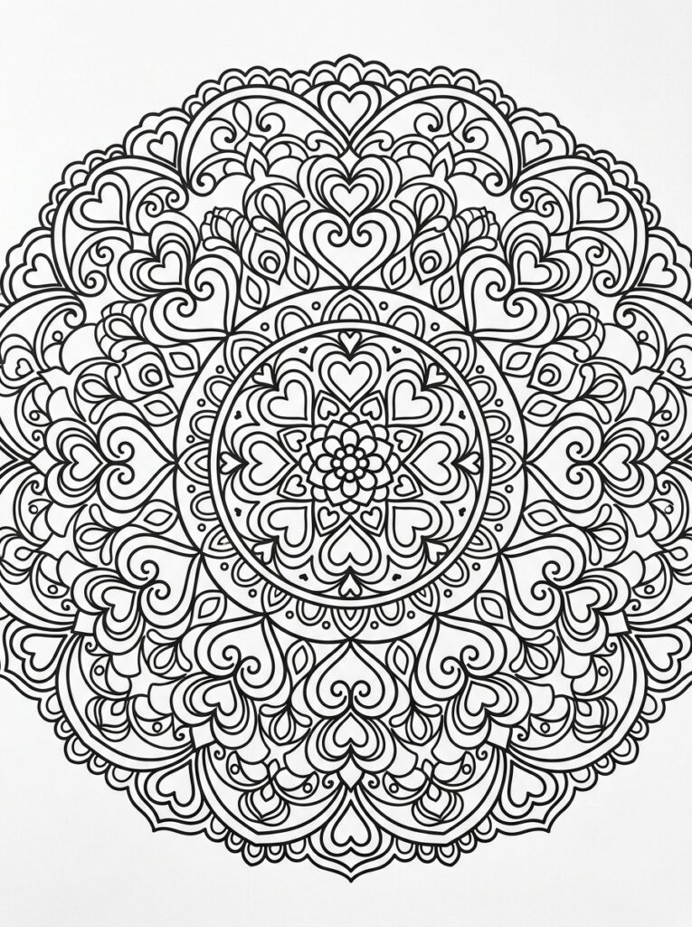 Kleurplaat van een mandala met hartjes, krullen, bloemen en ronde symmetrische patronen