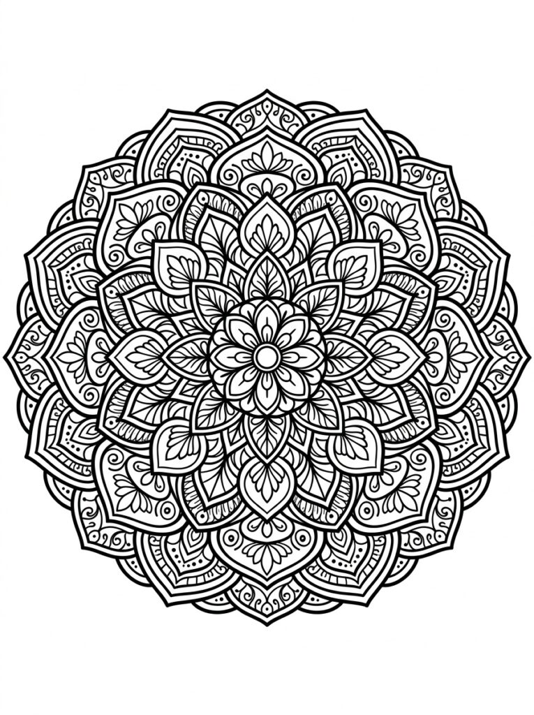 Kleurplaat van een mandala met centrale bloem, symmetrische bloemblaadjes en gedetailleerde lagen