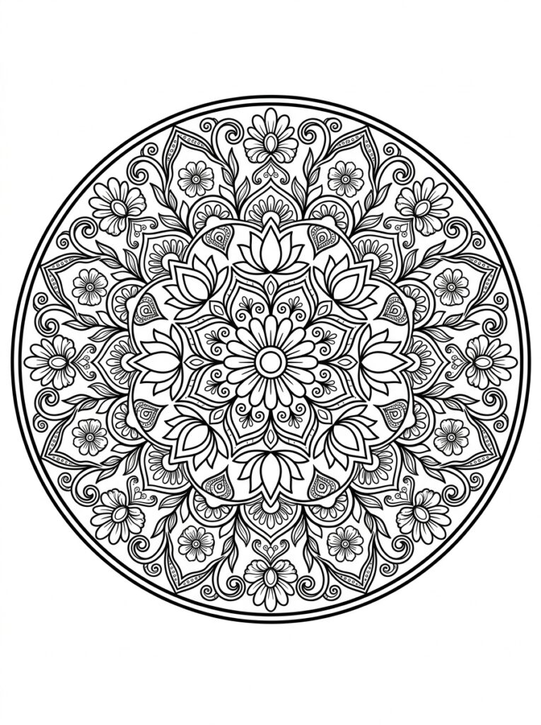 Kleurplaat van een mandala met lotusbloemen, madeliefjes, krullen en florale motieven