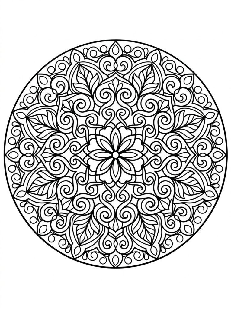 Kleurplaat van een mandala met krulpatronen, bladeren, centrale bloem en ronde symmetrie