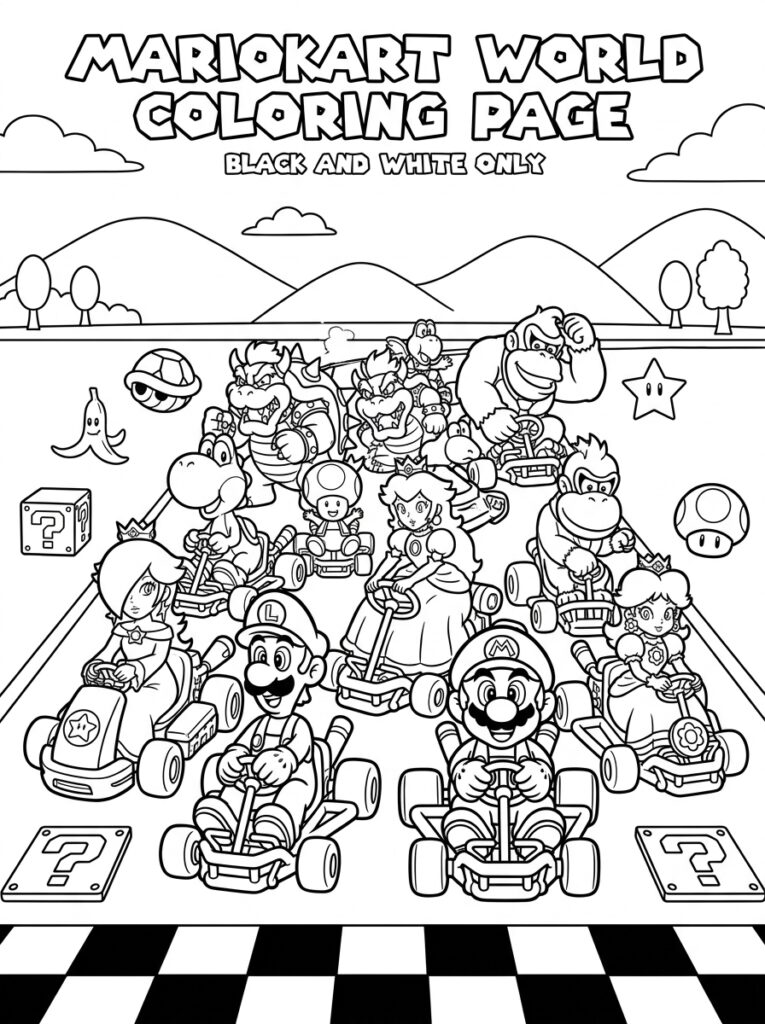 Mario Luigi Peach en Yoshi in racekarts