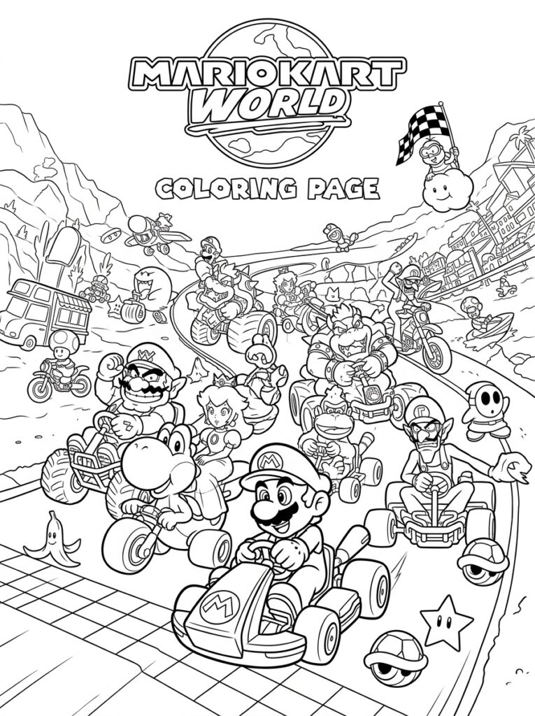 Mario Yoshi Bowser en Peach op racebaan