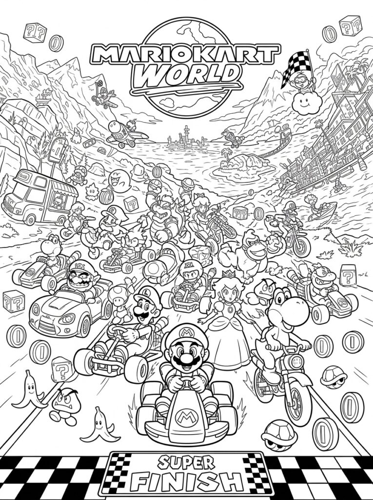 Mario Peach en Bowser racen naar finish
