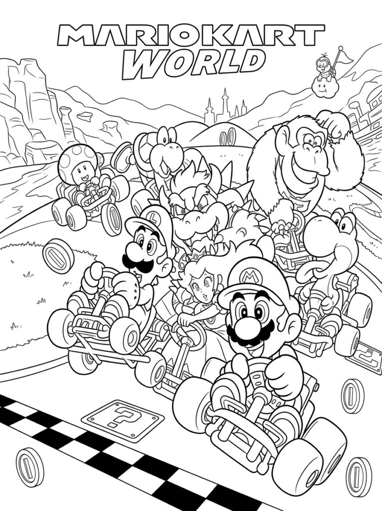 Mario Luigi Peach en Donkey Kong in karts