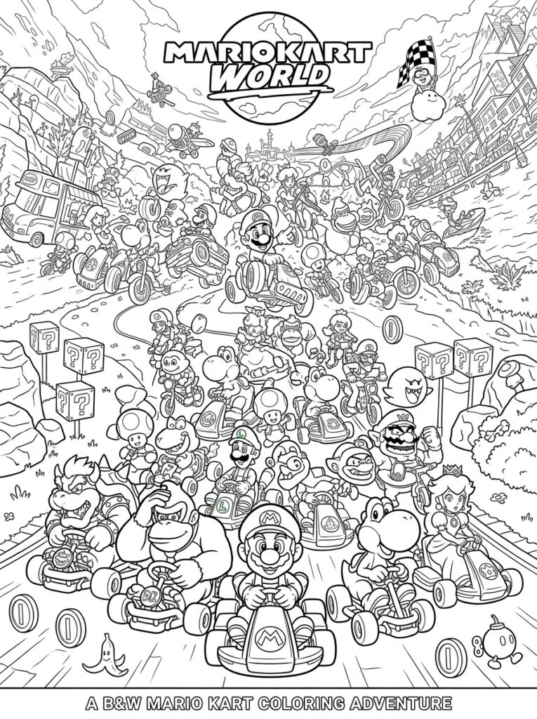 Mario omringd door Bowser Yoshi en Toad