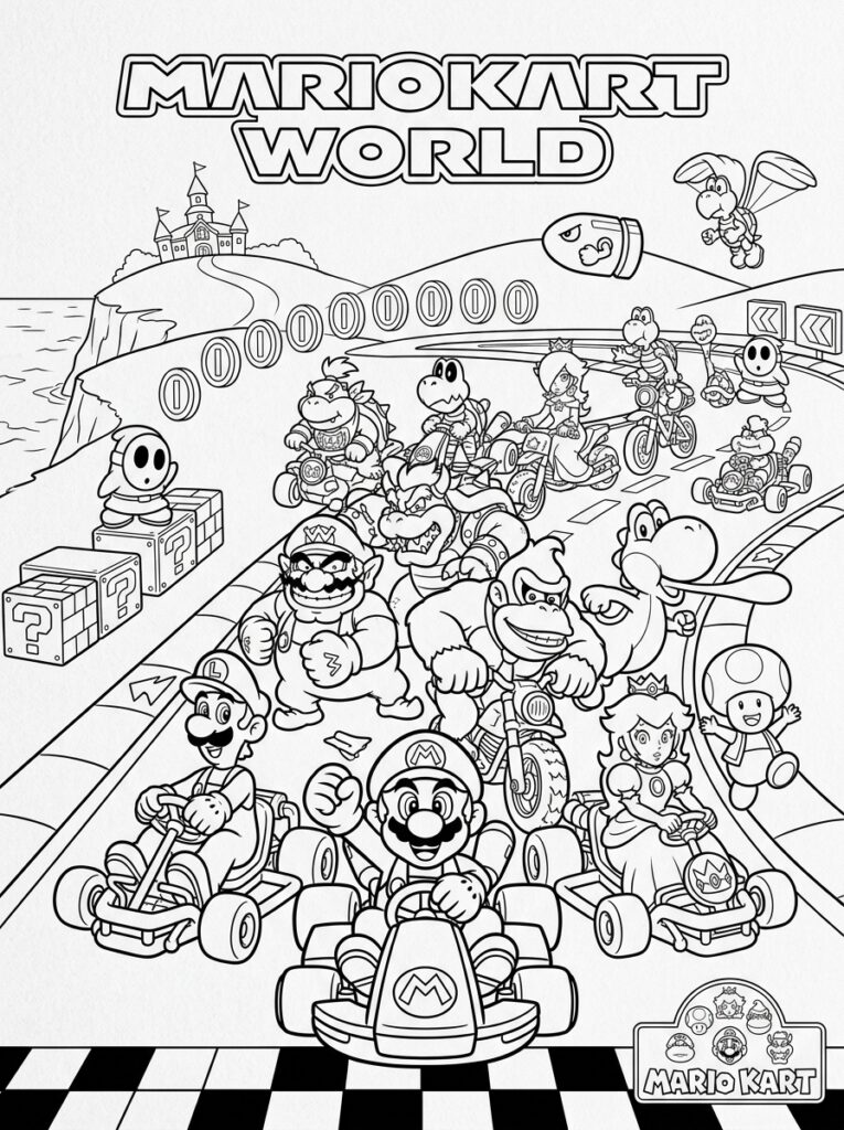 Mario Luigi Peach en Bowser op circuit