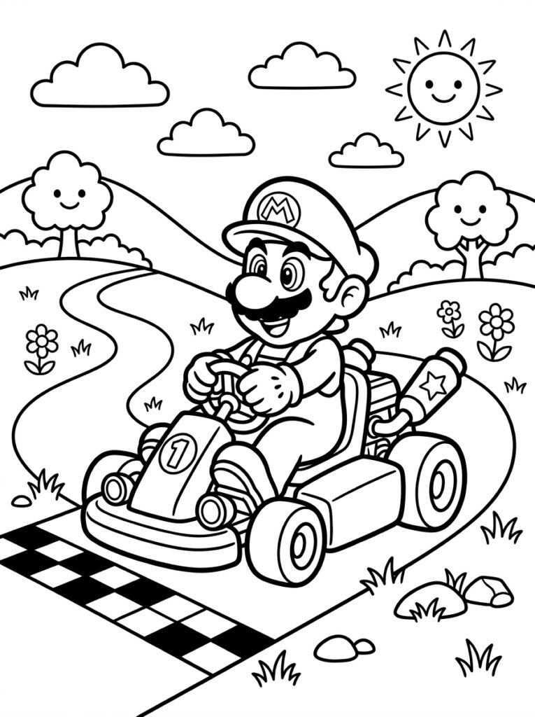 Mario rijdt kart op zonnige weg