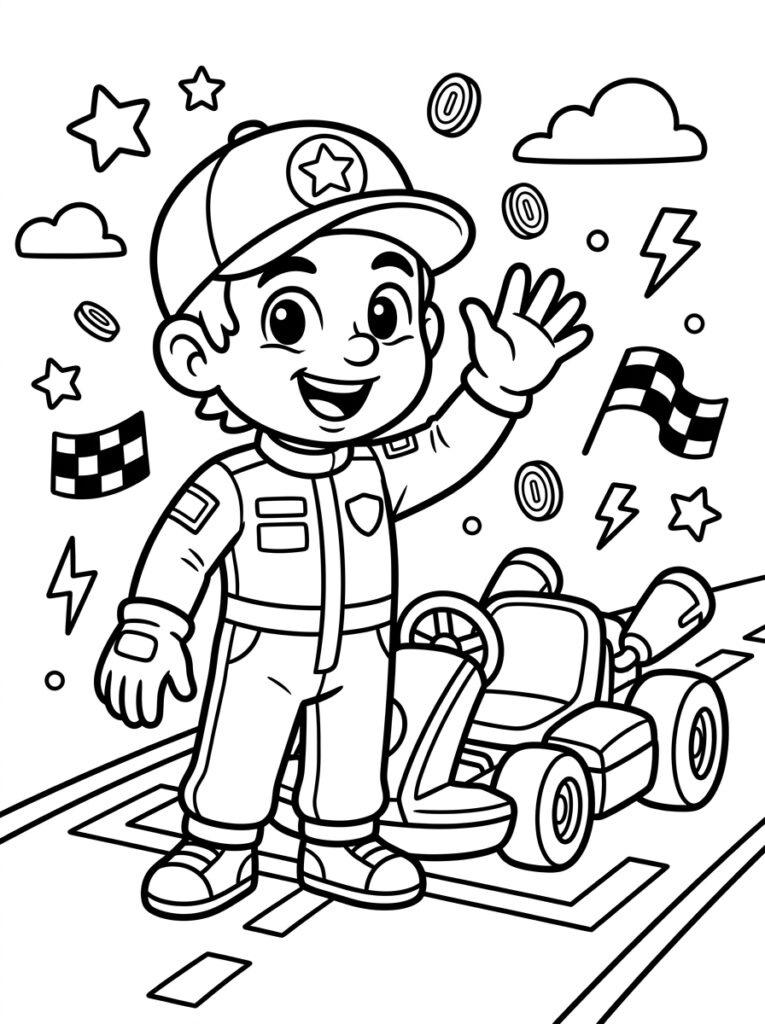 Jongen in racepak zwaaiend naast kart
