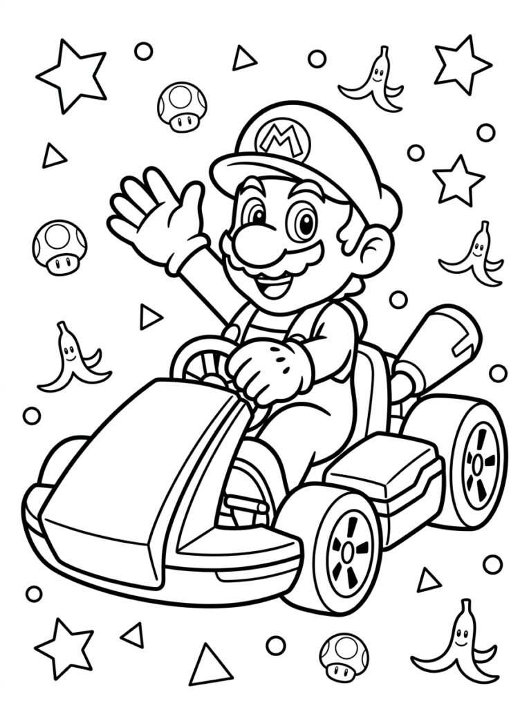 Mario zwaait in kart met bananen en paddenstoelen
