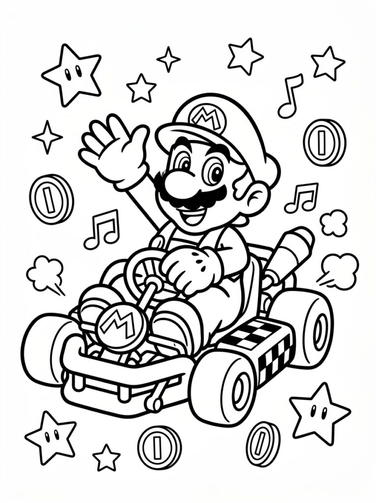 Mario zwaait in kart met munten en muzieknoten