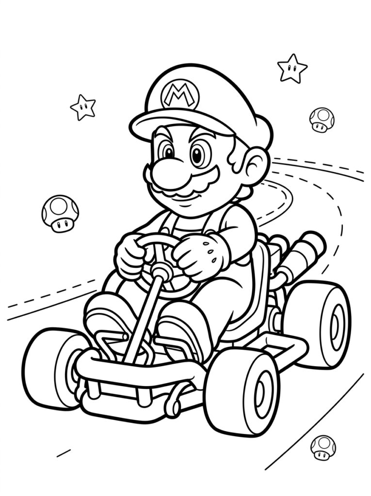 Mario rijdt kart op baan met paddenstoelen