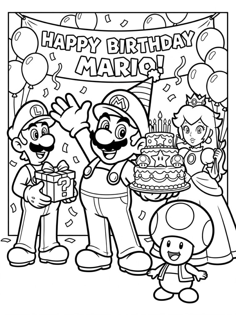 Mario Luigi Prinses Peach Toad met taart ballonnen