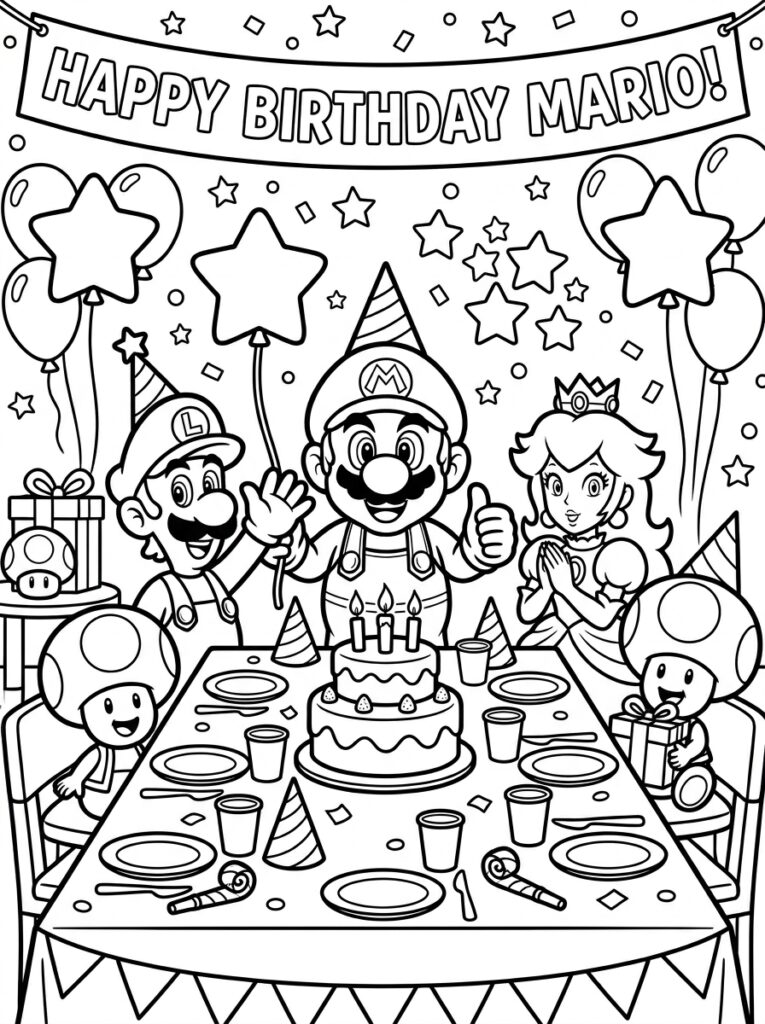 Mario Luigi Prinses Peach Toad aan feesttafel