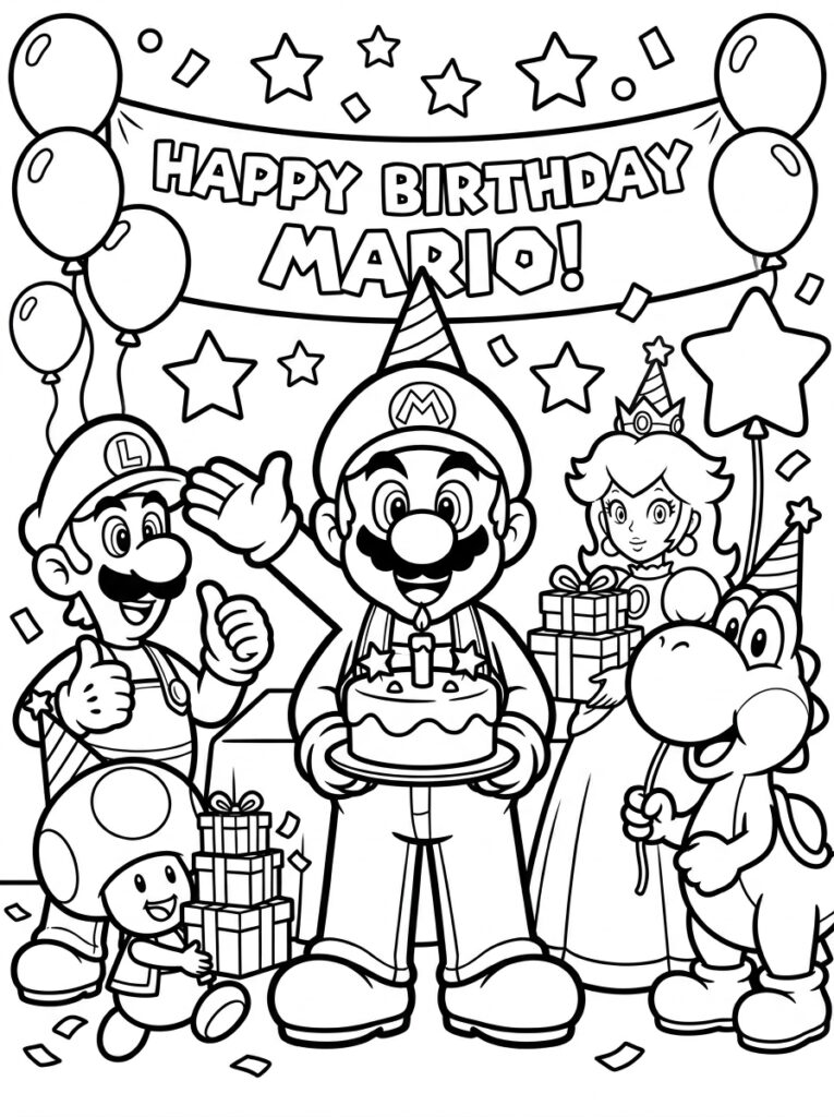 Mario Luigi Prinses Peach Yoshi Toad met taart