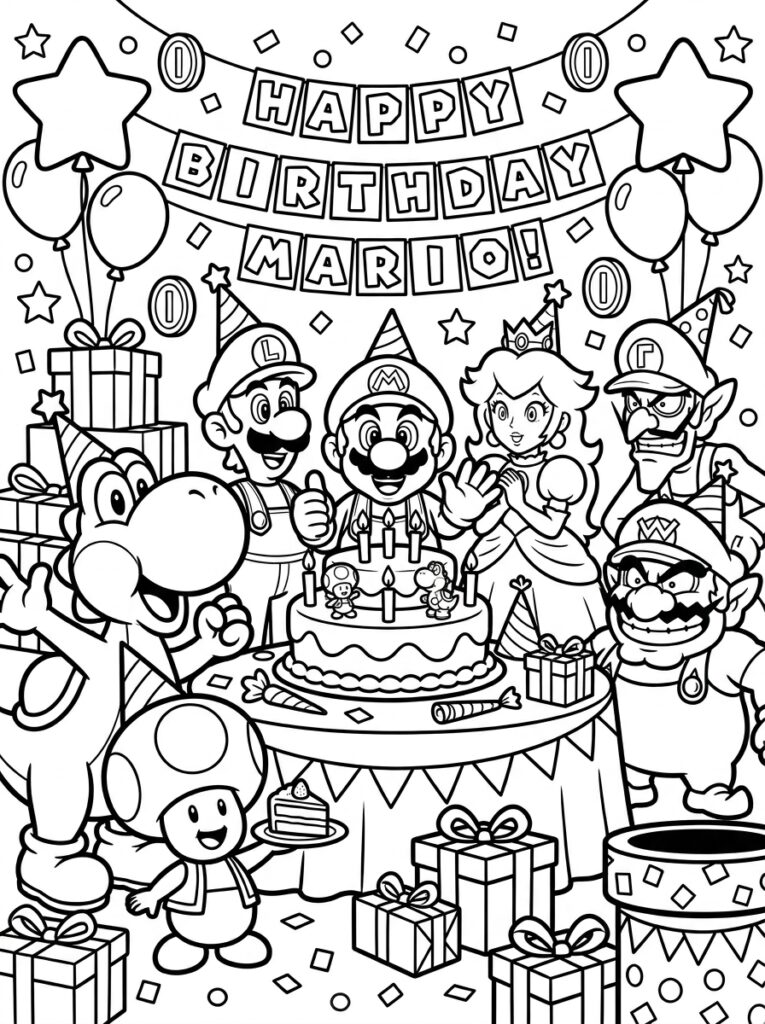 Mario Luigi Prinses Peach Yoshi Wario Toad met taart