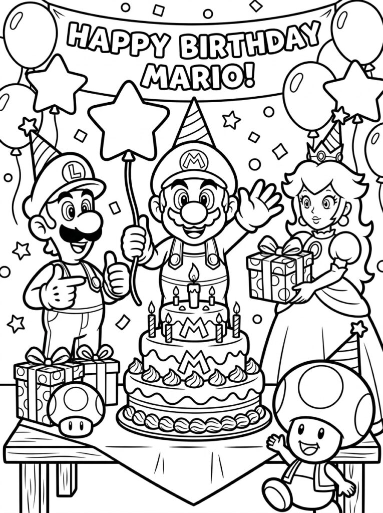 Mario Luigi Prinses Peach Toad met verjaardagstaart