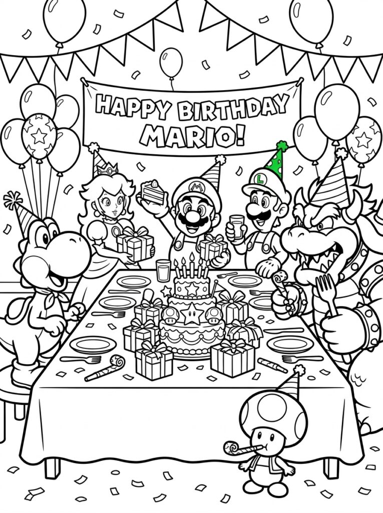 Mario Luigi Prinses Peach Bowser Yoshi Toad aan tafel