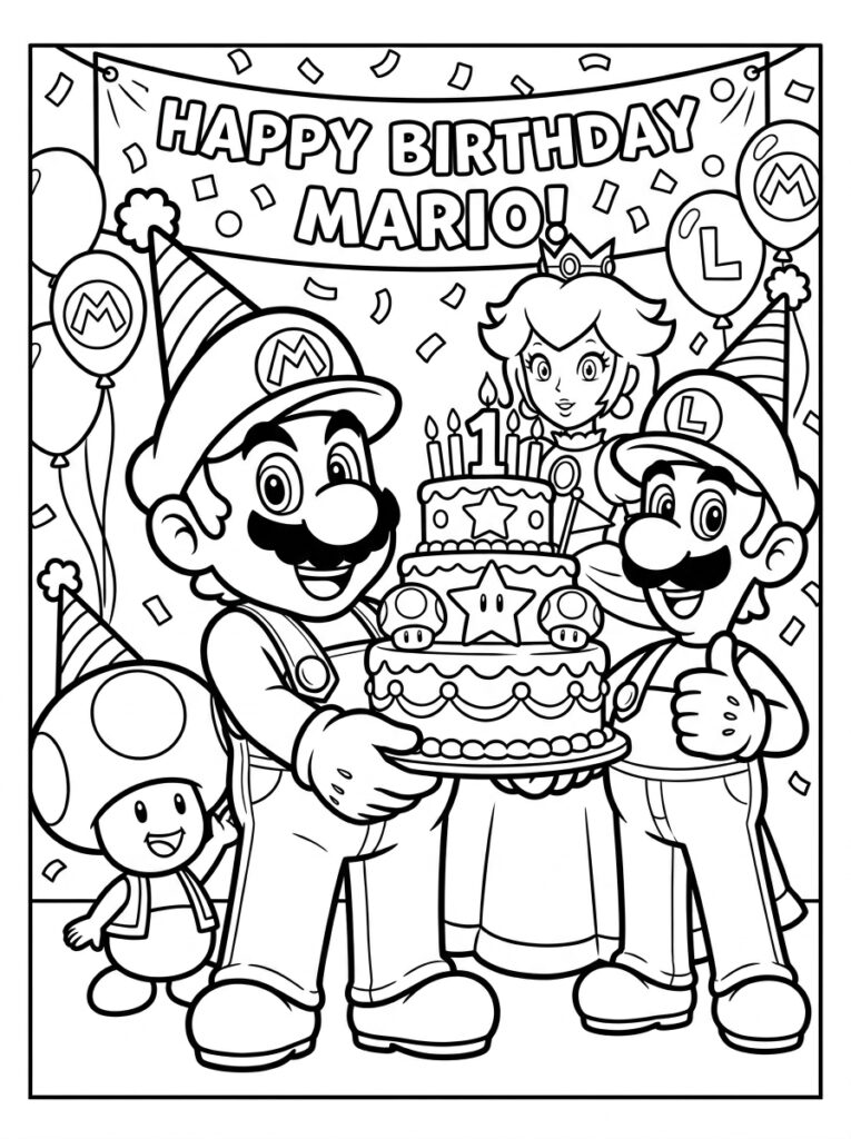 Mario Luigi Peach Toad en verjaardagstaart met kaarsen