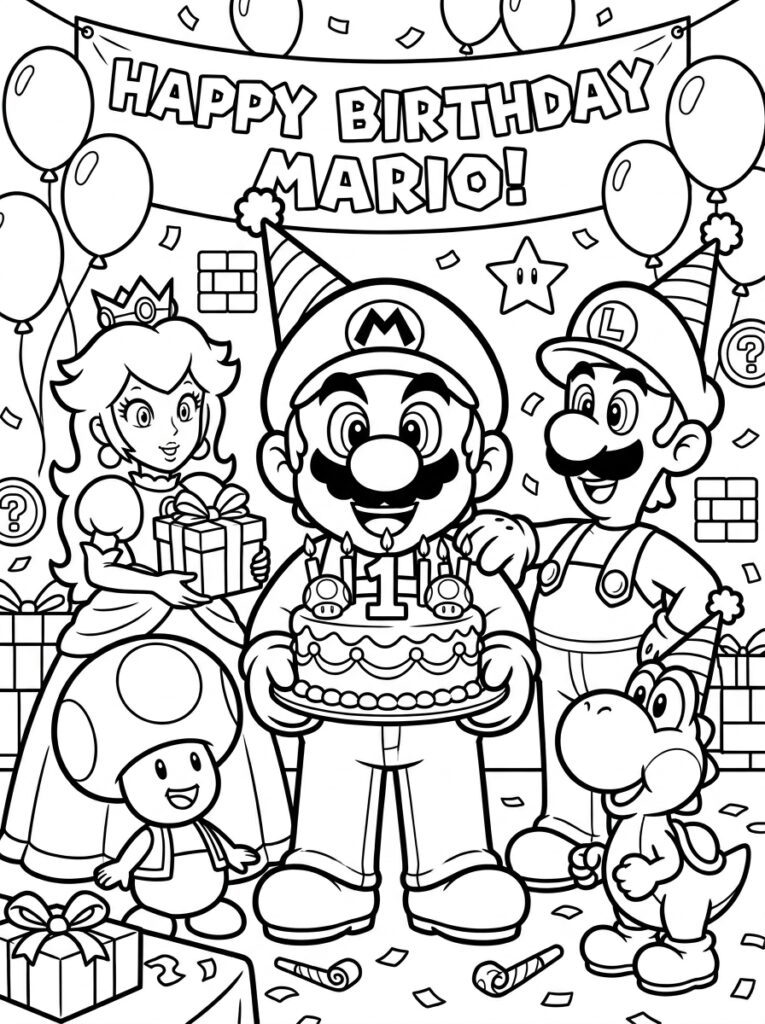 Mario Peach Luigi Yoshi Toad en verjaardagstaart