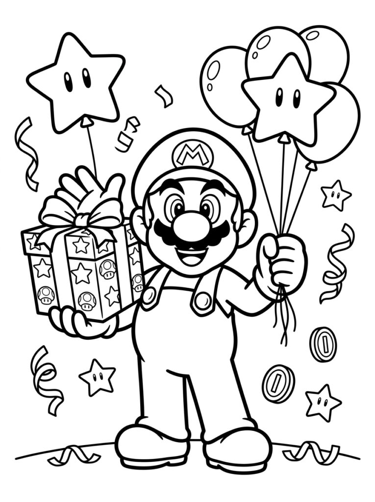 Mario met cadeau en sterrenballonnen