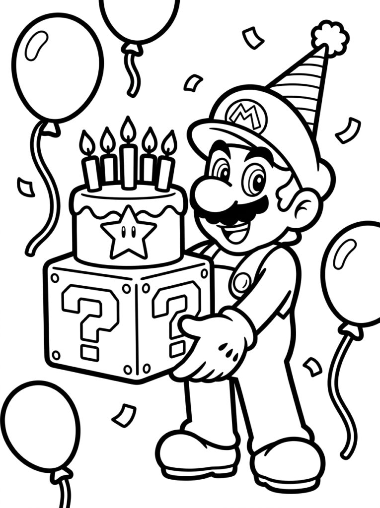 Mario met feestmuts bij taart op vraagtekenblok
