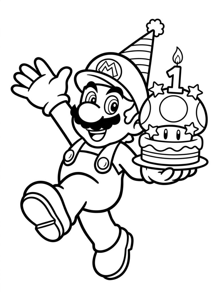 Mario springt met verjaardagstaart en feestmuts