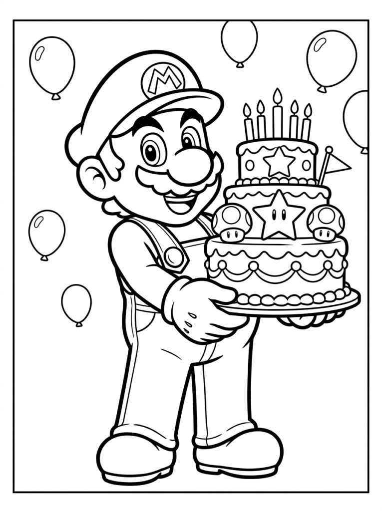 Mario presenteert verjaardagstaart met kaarsen en ballonnen
