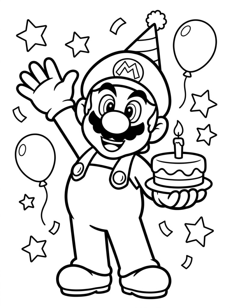 Mario met feestmuts houdt taart met kaars vast