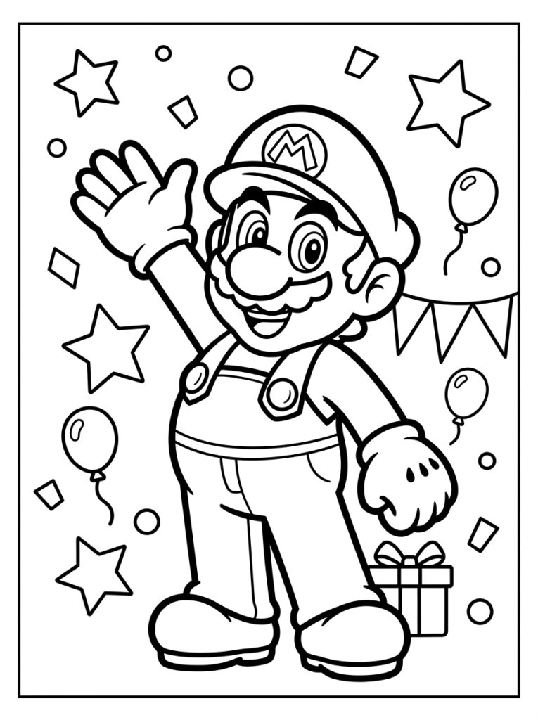 Mario zwaait naast cadeau met ballonnen en sterren