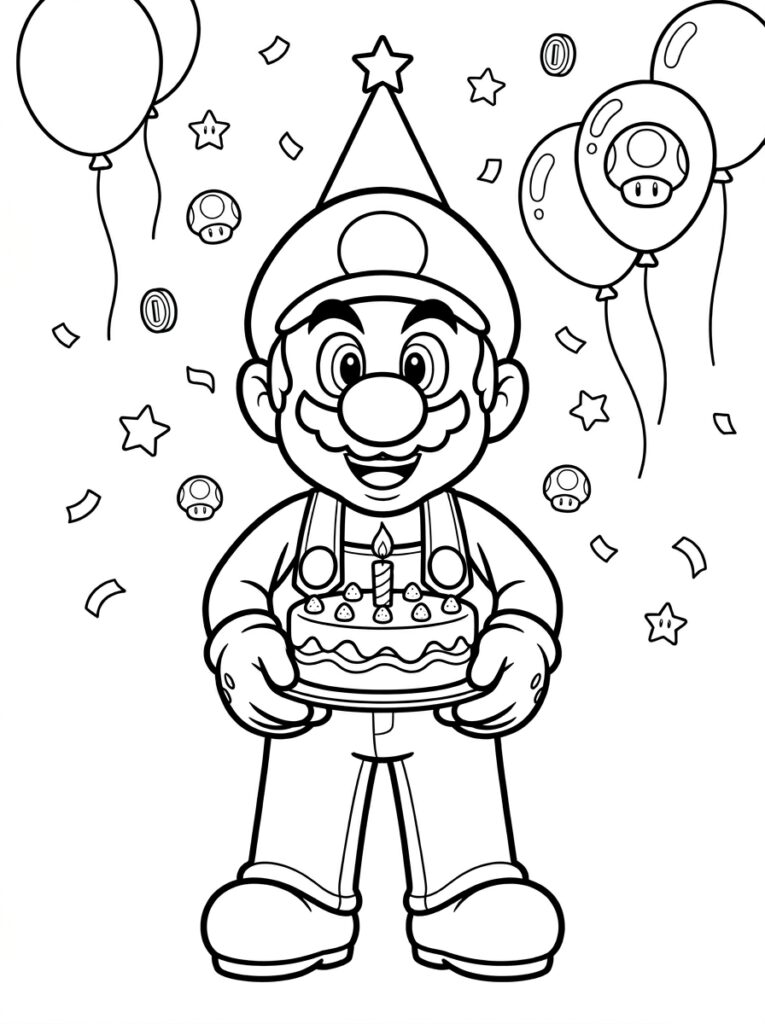 Mario presenteert taart met kaars en feestmuts