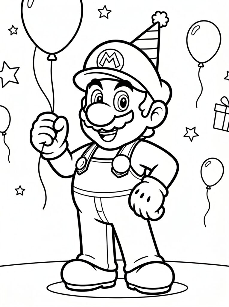 Mario houdt ballon vast met feestmuts op hoofd