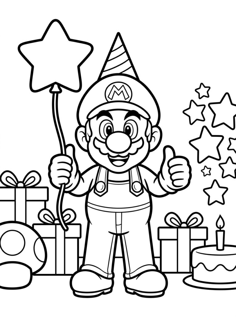 Mario toont duimen omhoog met ster en cadeaus